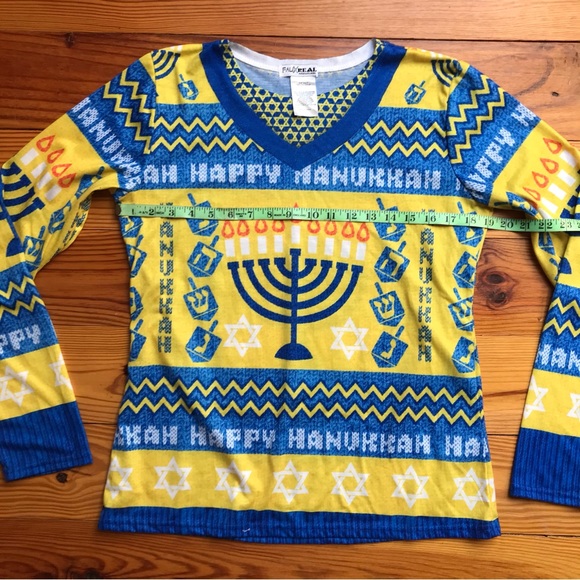 Faux Real Blue Gold Hanukkah Sweater, EUC, M/L - Picture 6 of 10